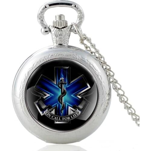 Emergency Medical Technician Pattern Glass Cabochon Vintage Quartz Pocket Watch Nurse EMT Men Women Pendant Necklace Hours Clock