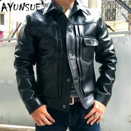 AYUNSUE Mens Genuine Leather Jacket Spring Autumn Jacket Men Horsehide Jackets Short Coat Blouson Cuir Homme YY324