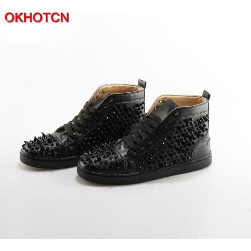 OKHOTCN Fashion Lace Up Men Shoes Sapato Masculino Zapatos Hombre High Top Casual Shoes Black Rivets Embellished Flats boots