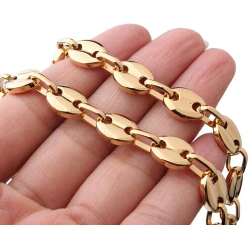 7-40" Length 316L Stainless Steel Polished Gold Tone Coffee Beads Bean Link Chain Necklace Bracelet Men Womens Jewelry