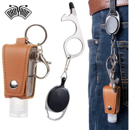 EASYANT Hand Sanitizer Leather Bottle Portable Set Flip Cap Personal Care with No Touch Door Opener Key Ring Brown