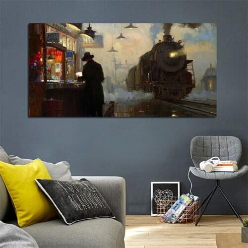 Canvas Painting Trains Man in Black On the Locomotive Posters and Prints Wall Art Decorative Pictures For Living Room Home Decor