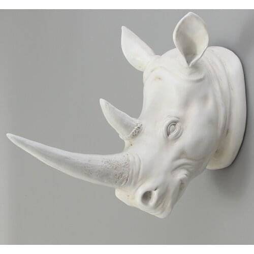 KIWARM RESIN EXOTIC RHINOCEROS HEAD ORNAMENT WHITE ANIMAL STATUES CRAFTS FOR HOME HOTEL WALL HANGING ART DECORATION GIFT