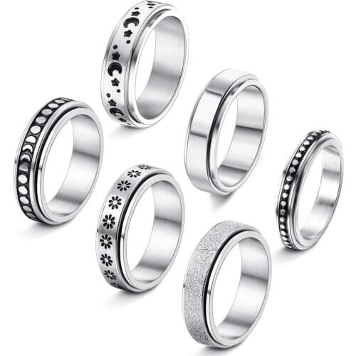Stainless Steel Star/Flower/Moon Spinner Ring for Women Men Fidget Wide Band Hammered Meditation Fidget Spinner Size 6-11 #J38FJ