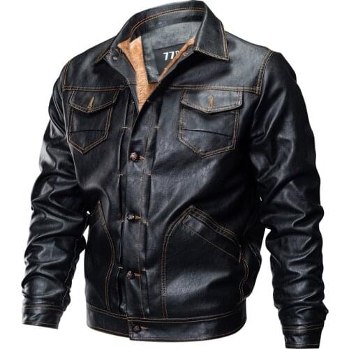 Mens Lapel Wash Tooling Pu Leather Jacket Motorcycle Leather Mens Winter Plus Velvet Thick Multi-pocket Pu Jacket Clothes