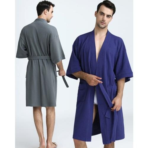 Men 100% Cotton Plus Size Water Absorption Waffle Kimono Bath Robe Summer Towel Dressing Gown Women Male Knee Length Bathrobe