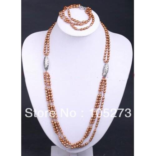 New Free Shipping Pearl Jewelry Set Multi Strand Brown Freshwater Pearl Necklace Bracelet 6-7mm Rice Shaper Top Quality Hot Sale