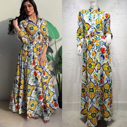 2021 New Islamic Muslim Maxi Dresses Women Clothing Dubai Abaya Kaftan Turkish Print Jalabiya Loose Plus Size Dress Buttons