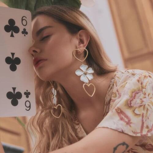 New Fashion Heart Flower Big Drop Earrings For Women Dripping Oil Long Flower Dangle Earring Trendy Dating Party Unusual Jewelry