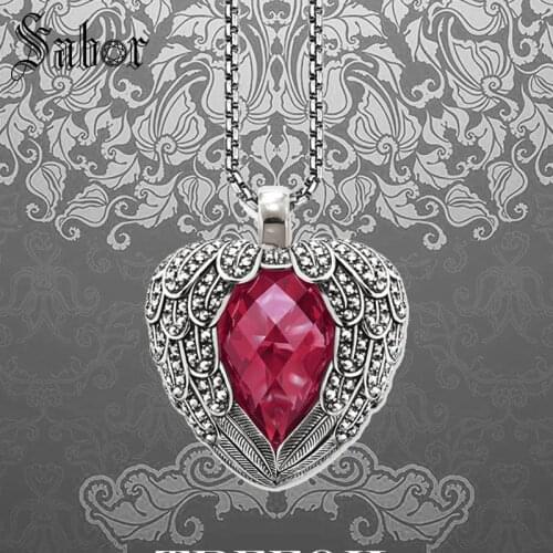 Link Chain Necklace Red Wings Heart, Fashion silver color Jewelry European Vintage Gift For Men Women Boy Girls thomas