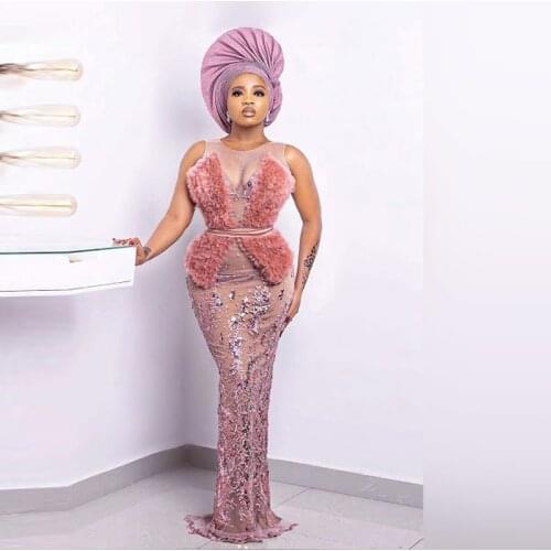 Sexy Aso Ebi Evening Dresses Sheer Neckline Feathers Sequins Appliques Mermaid Prom Dress Sleeveless African vestidos de fiesta