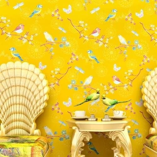 Luxury Yellow Flower and Bird Wallpaper 3d Pastoral Chinese Wallpapers Floral Paper Wallpapers Roll Bedroom Home Decor QZ170