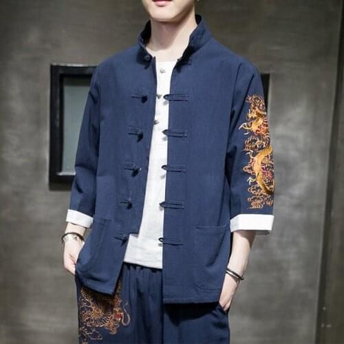 Chinese Dragon Shirt 2021 News Summer Embroider Tang Suit Kung Fu Clothes Vintage Traditional Chinese Clothing For Men Top 30163