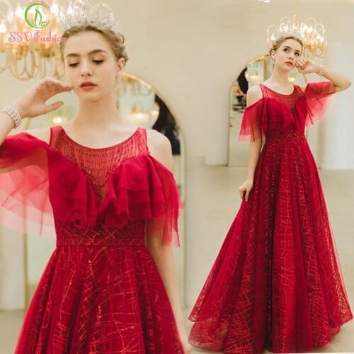 SSYFashion New Banquet Elegant Burgundy Evening Dress Bride Party Long Formal Gown Special Occasion Dresses Vestidos De Noche