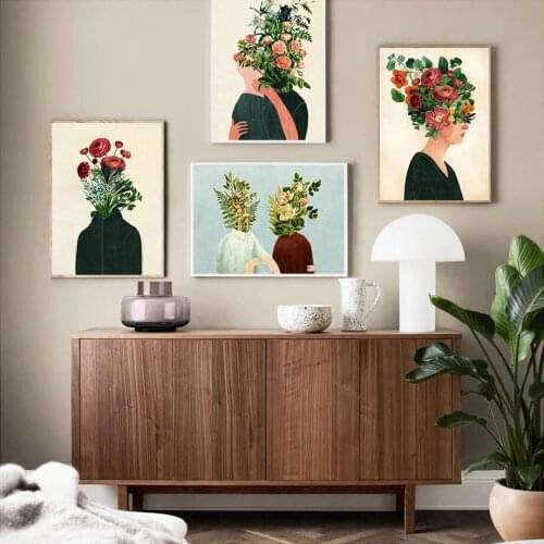 Vintage Abstract Girl Flower Leaf Monstera Wall Art Canvas Painting Nordic Posters And Prints Pictures For Living Room Decor