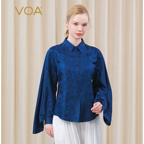 VOA 34m/m Silk Yarn-dyed Jacquard Polo-Neck Womens Tops BE573 Single-row Buckle Pleated Shirt Sleeve Arc Hem OL Wind Shirt