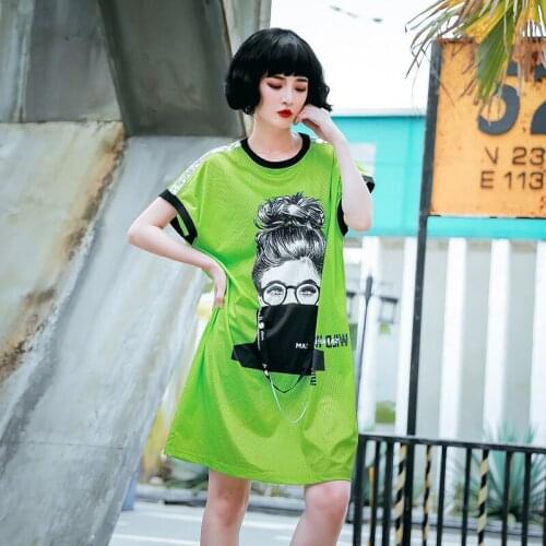 Green Mesh Dress Women Summer Sleeveless Loose Hip Hop Style Sequins Shoulder Dresses For Young Women
