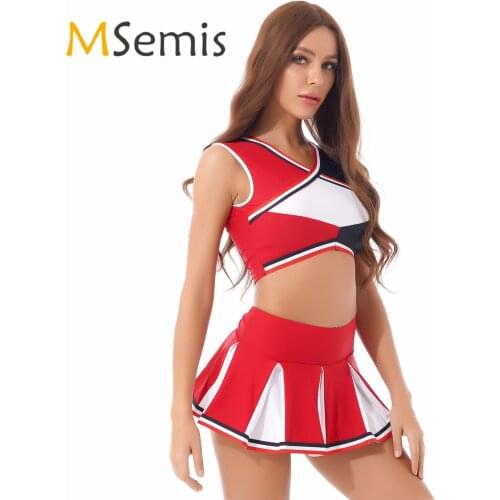 Women School Girls Cheerleading Outfit Cheerleader Unform Role Play CostumeColor Block Sleeveless Crop Top with Pleated Skirt