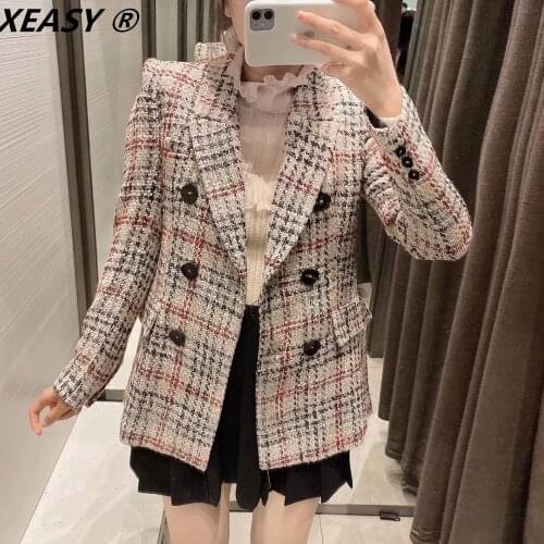 XEASY 2021 Autumn Women Fashion Plaid Texture Blazer Vintage Notched Double Breasted Female England Style Suit Jacket Chic Tops