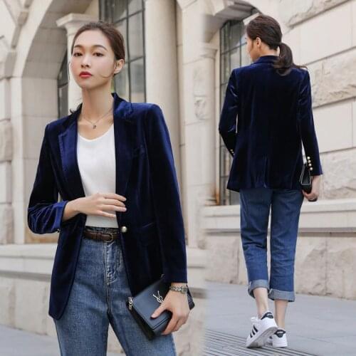 Women Slim Suits Autumn Velvet Blazer Long Sleeve ladies Blazers feminino OL Formal Work Small Suit jacket Women Gold Button