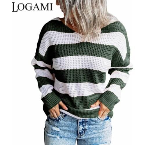 LOGAMI V-neck Striped Stitching Sweater Women Long Sleeve Pullover Autumn Winter Knitting Jumper Sweaters