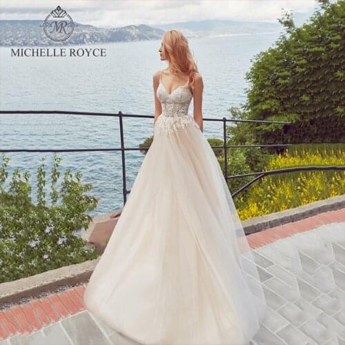 Michelle Royce A-Ling Wedding Dresses 2020 Sexy V-neck Spaghetti Lace Appliques Princess Chapel Train Vestido De Noiva