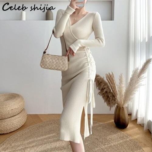 Chic Drawstring Knit Dress for Woman Elegant Fall 2021 V-neck Long Sweater Dresses Party Apricot Slim Waist Knitwear Clothing
