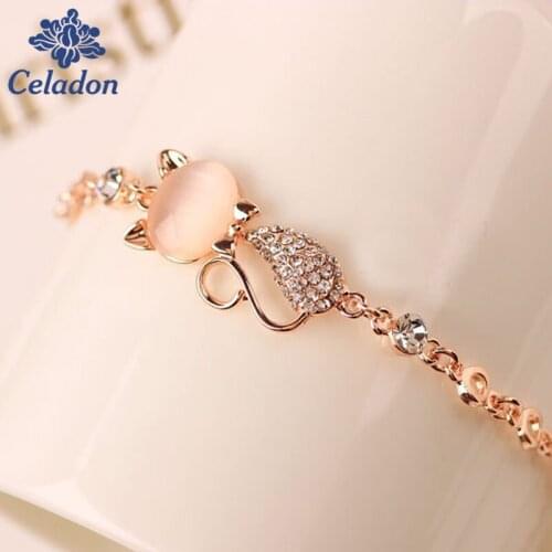 1Pcs Fashion Gold-color Opal and Crystal Double Cat and Round Simulated Pearl Charms Bracelet for Women Girl Jewelry