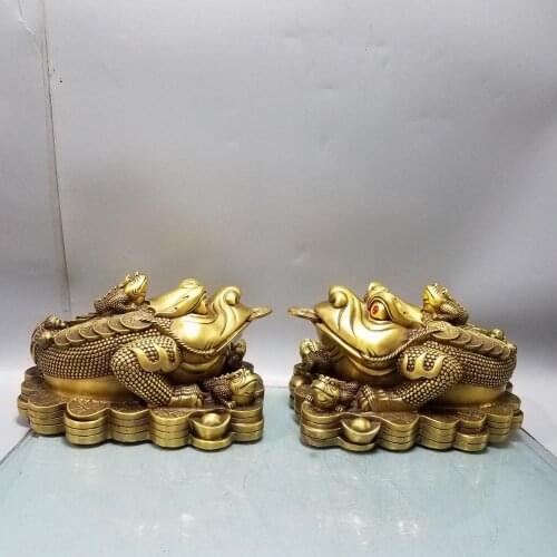 9" China Lucky Seikos Brass Golden toad statue Three-legged golden toad statue Carved three-legged golden toad Wealth and evil