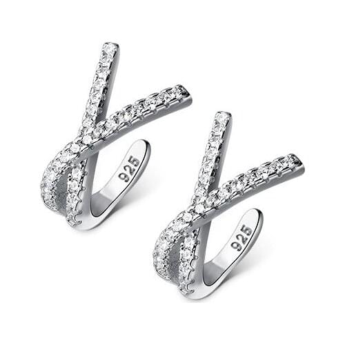 No pierced) Real. 925 Sterling Silver jewelry CZ Set Cross "X" Cuff Clip Earrings Fine jewelry