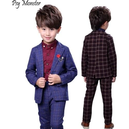 Prince Boys 2Pcs Plaid Formal Wedding Suit England Style Boys Brooch Blazers Kids Tuxedos Boys School Clothing Set Costume