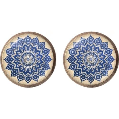 Mandala Flower Earrings OM Symbol Buddhism Zen Picture 12mm Glass Cabochon Stud Earring Vintage Bronze Color Jewelry For Women