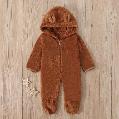 Baby Rompers Newborn Baby Boy Girl Clothes Winter Fleece Jumpsuit Solid Hooded Romper Autumn Overalls Children Warm Outwear