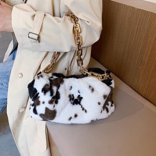 Quality Cow Pattern Soft Faux Fur Soft Shoulder Bags For Women Winter Branded Trending Thick Chain Handbags Trending Hand Bag