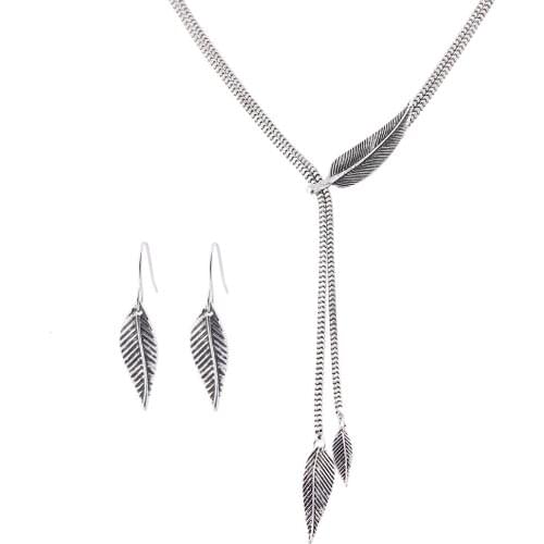 Lureme Vintage Alloy Leaf Pendant Y-Shaped Necklace and Leaf Earrings Jewelry Set for Women Feather Jewelry (js000684)