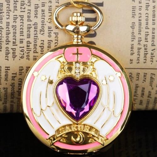 Lovely Sakura Animation Cosplay Pocket Watch FOB Chain Necklace Pocket Watches Gifts for Girls Ladies