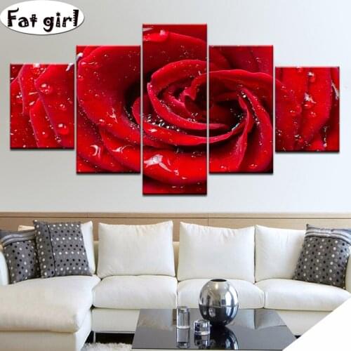 5pcs HD A red Rose flower Modern diamond painting embroidery cross stitch Handicrafts Rhinestone mosaic full square round decor