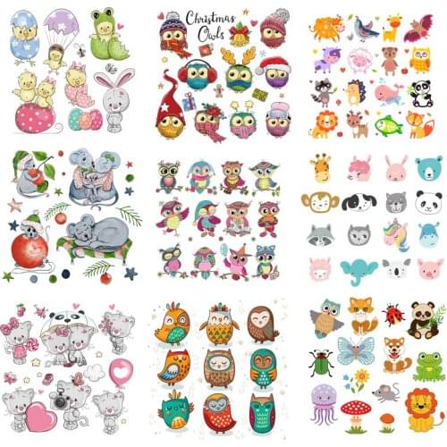 Cartoon Animal Patches For Clothing Many Small Animal Stickers Iron-On Transfers On Clothes Dog Cat Owl Thermo-stickers Stripe