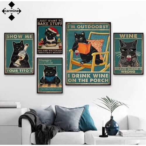Funny Cat Canvas Wall Art Vintage Style Posters and Prints Cartoon Printing Painting Wine Picture for Kitchen Living Room Decor