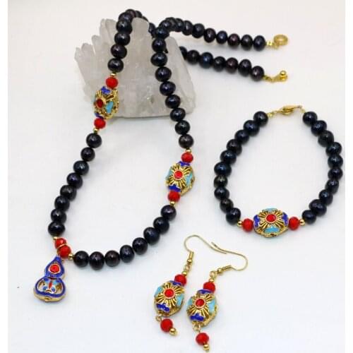 7-8mm Naturalblack Freshwater Cultured Pearl Beads Chain Necklace Earrings Bracelets Gold-color Cloisonne Diy Jewelry Set B3025