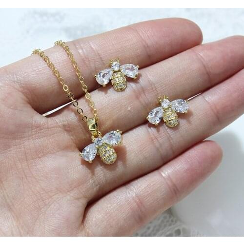 Delicate Cubic Zircon Bee Stud Earrings for Women Luxury 14K Gold Plated Pendant Necklaces Jewelry Set