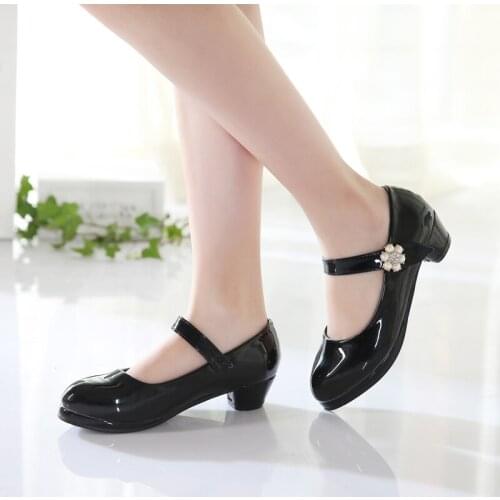 2020 new spring girls leather shoes childrens princess high heels black white girls wedding party dance shoes