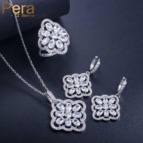 Pera Luxury Sparkling White Cubic Zirconia Topaz 3 Pcs Big Flower Rings Necklace Earrings Set for Ladies Jewelry Gift J180