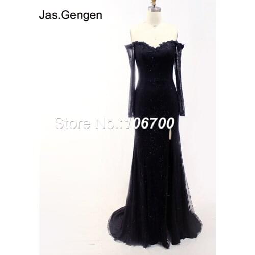 2018 Emboridery Lace Crystal Beaded Prom Gown Sweetheart Illusion Long Sleeve Sexy Front Split Mermaid evening dress 1157