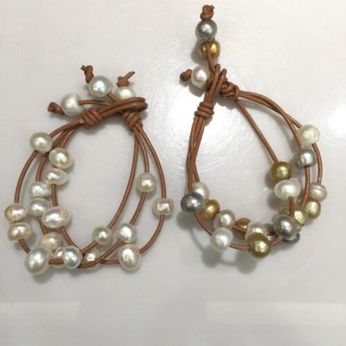 Casual sporty Baroque Natural Fresh water Pearl bracelet brown leather fashion women jewelry 10MM some hole or spots