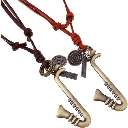 Vintage Retro Brown Long Leather Necklace for Women Men Alloy Pendant Bronze Saxophone Charm Handmade Chain Fashion Jewelry Gift