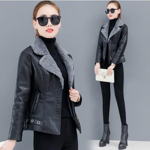 New Womens jackets Autumn Winter clothing Plus velvet Short leather coat Long sleeve Tops fashion PU leather Outerwear 4X 5XL