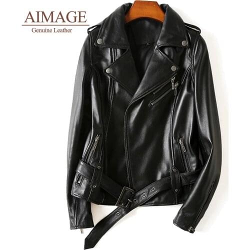 Women real genuine leather korean trend rivet куртки из натуральной кожи zipper chic jackets with belt 정품가죽 high quality PY033
