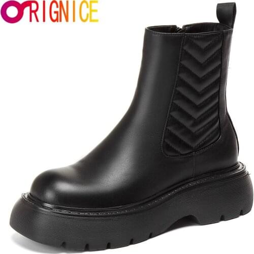 Orignice Genuine Leather Thick Bottom Ankle Boots Women Autumn Winter Classic Style Round Toe Zipper Daily Life Casual Shoes