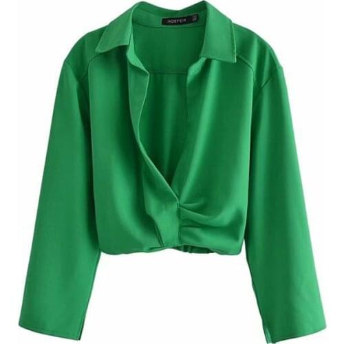 Women Fashion Turn Down Collar Knotted Green Short Blouse Dress Set Female Long Sleeve Slim Shirt Suit Femme Chic Crop Top Falda